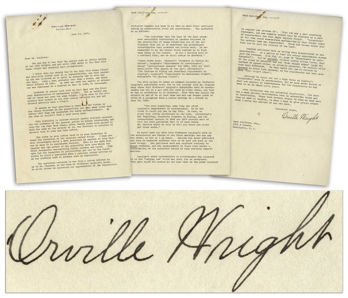 Outstanding Orville Wright Letter Signed -- ''...human flight was generally looked upon as an impossibility, and that scarcely any one believed in it until he actually saw it with his own eyes...''